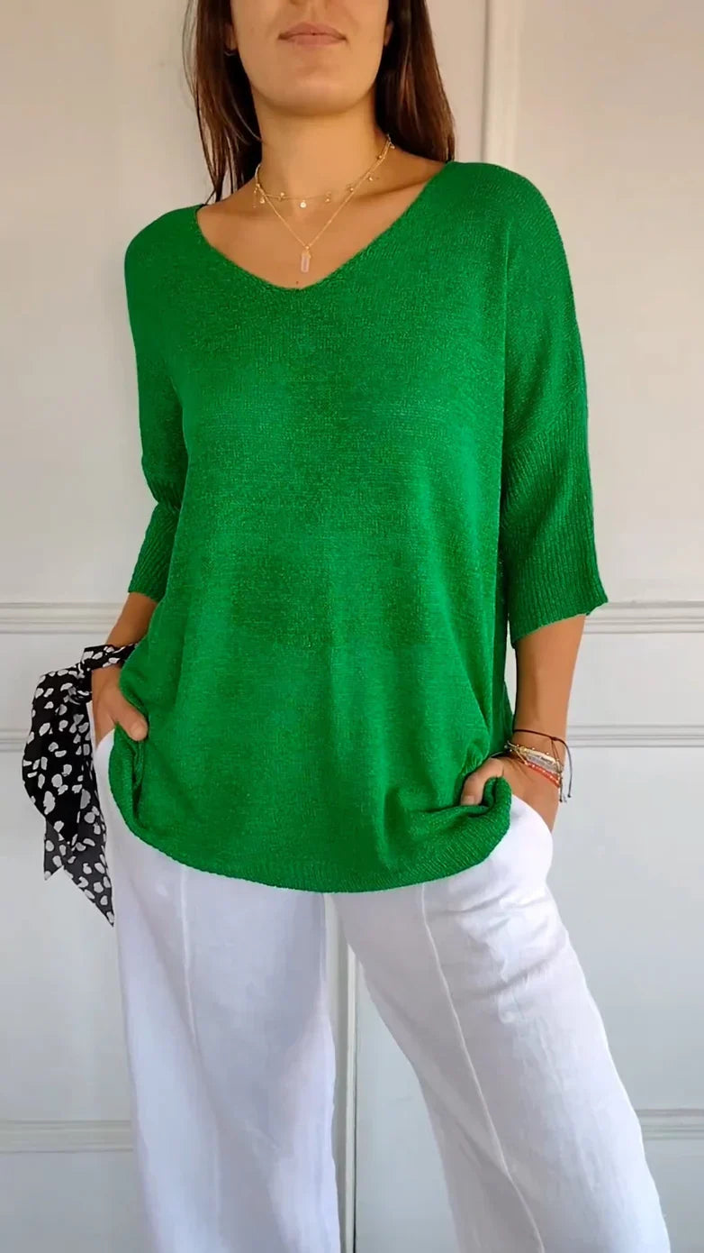 Jenny - Solid Knit Top with V-Neck