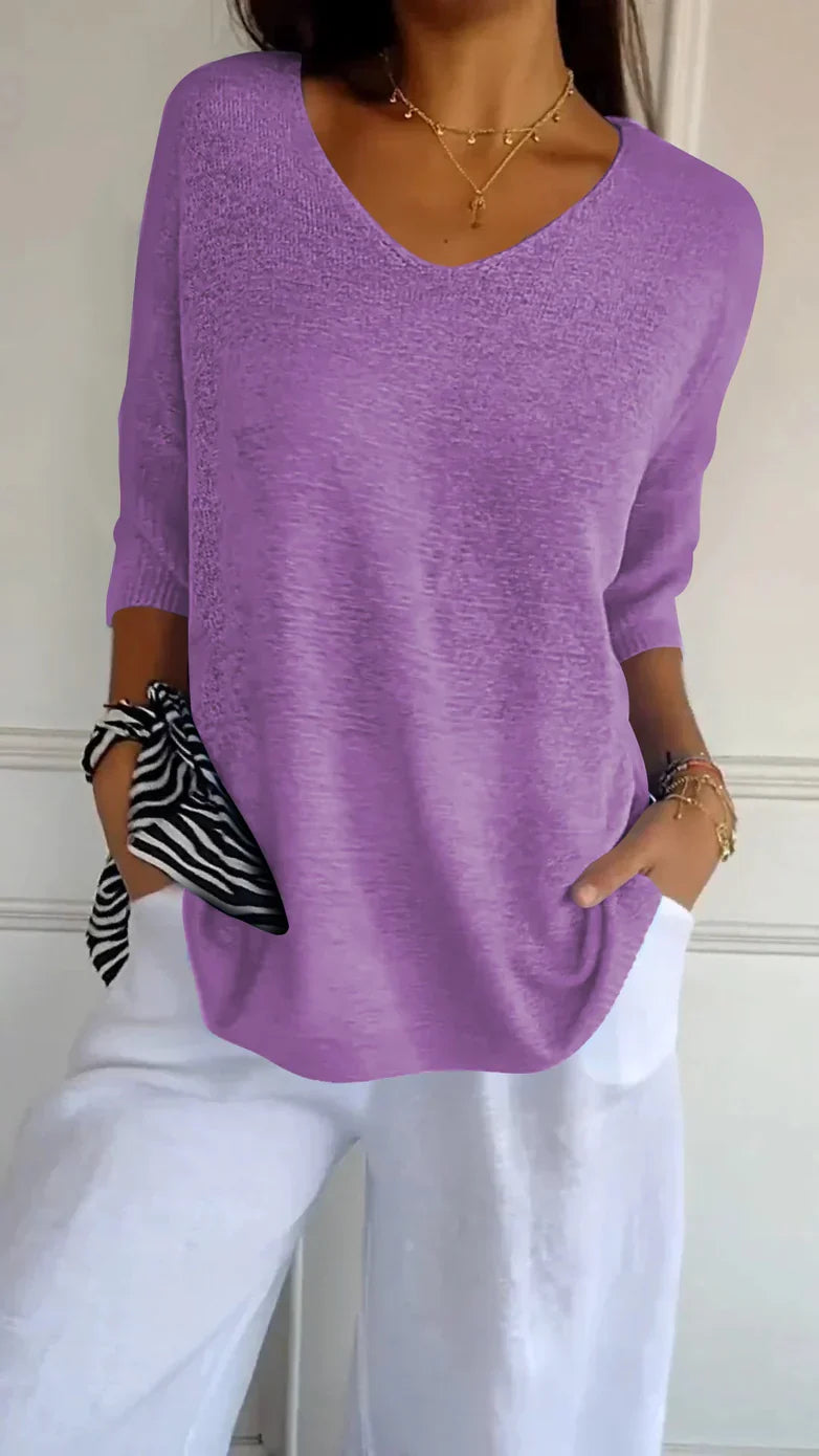 Jenny - Solid Knit Top with V-Neck