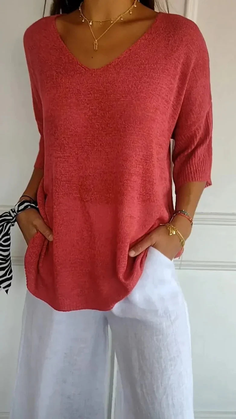 Jenny - Solid Knit Top with V-Neck